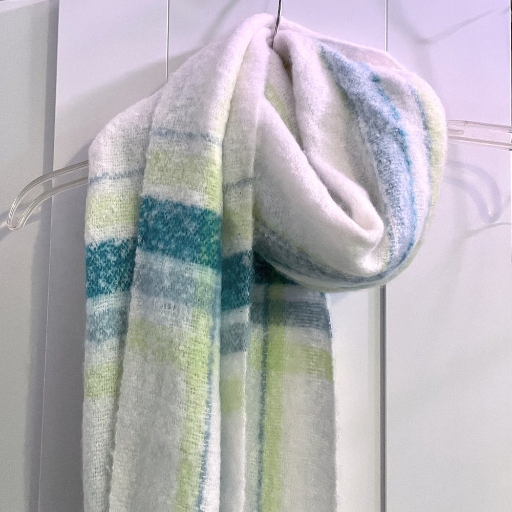 A New Day Plaid Scarf with Fringe in White, Fluorescent Green, Teal Plaid - NWOT